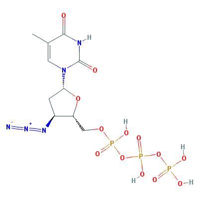 Chemical structure of AZTTP, also known as Azidothymidine triphosphate or zidovudine triphosphate